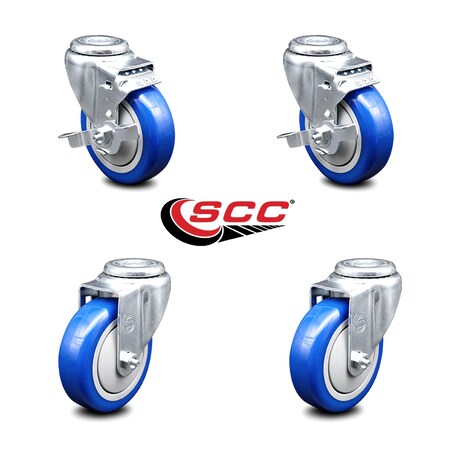 Service Caster 4 Inch Blue Polyurethane Wheel Swivel Bolt Hole Caster Set with 2 Brake SCC SCC-BH20S414-PPUB-BLUE-TLB-2-S-2